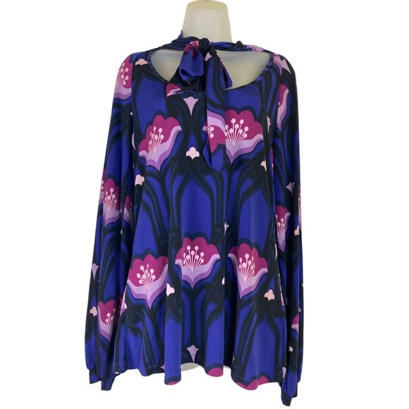 Purple Floral Long-Sleeve Blouse With Bow Tie Neck Large Retro Seventies Sexy - Picture 1 of 4